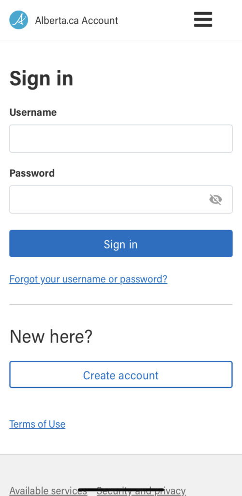 Alberta.ca Account sign-in page 